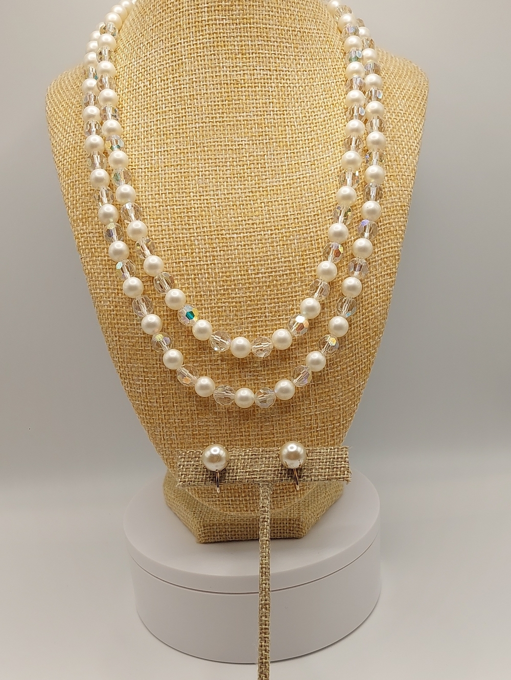 Classic Faux Pearl Fiery AB Crystal 2 Strand Necklace & Faux Pearl Earrings
